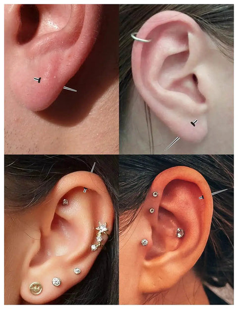 Ear piercings with jewelry using 10G Ear Gauges Stretching Kit with 316L Surgical Steel Tapers and Insertion Pins for safe home stretching.