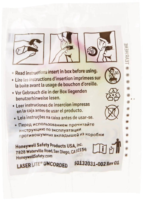 Back packaging instructions for Laser Lite High Visibility Disposable Foam Earplugs Pink And Yellow 200 Pairs NRR 32
