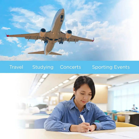 Soft Foam Noise Canceling Earplugs For Concerts And Sleep, 33 dB Hearing Protection, travel and studying context.