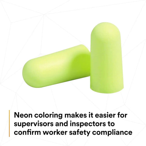 E-A-Rsoft Yellow Neons Disposable Ear Plugs with 33 dB NRR, uncorded, slow recovery foam, regular size, 2 ear plugs close-up