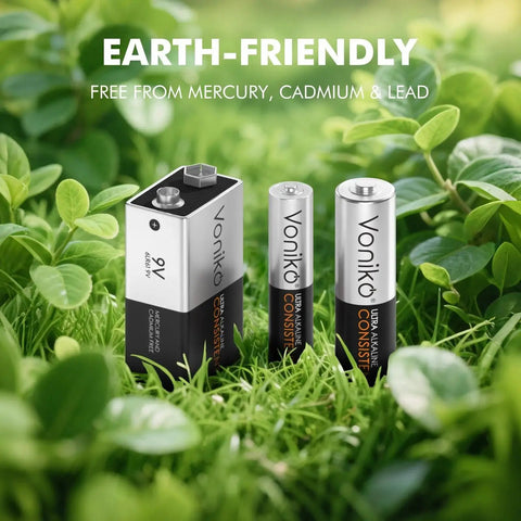 Alkaline Battery Combo Pack With 24 AA 24 AAA And 8 9V For Household Electronics showcased with eco-friendly message in greenery backdrop