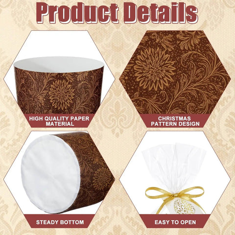 48 Pack Easter Panettone Paper Molds with Christmas pattern, high quality and easy to open, includes ribbons, bags, and cards.