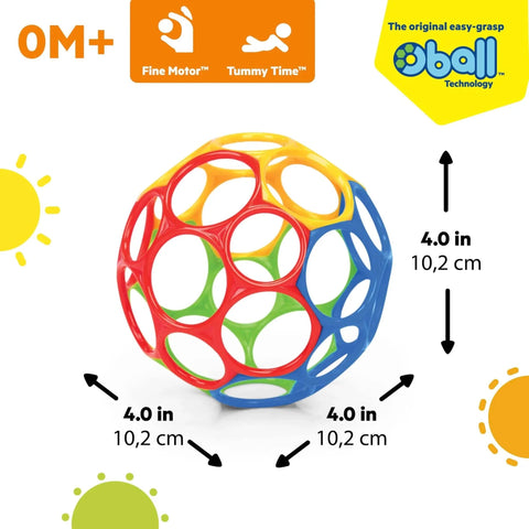 Bright Starts Oball Easy Grasp Classic Ball BPA-Free Infant Toy in Red, Yellow, Green, Blue, Age Newborn and up, 4 Inches with size chart