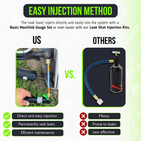 Comparison of easy injection method for AC leak sealing with Direct Inject Ultimate 3-In-1 AC Leak Sealer for home HVAC systems.