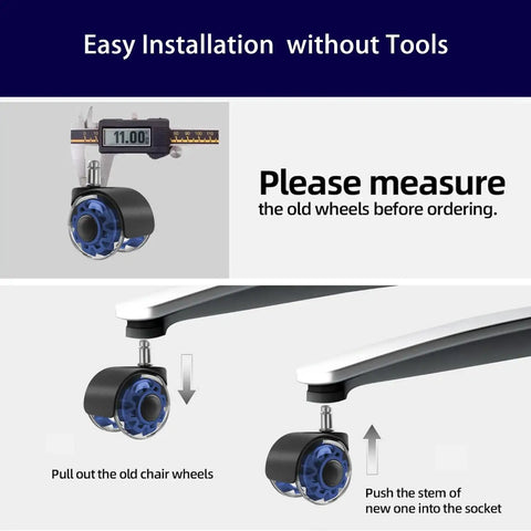 Heavy Duty 2 Inch Office Chair Casters Set Of Five For All Floors With Seven Sixteenth Inch Stem Universal 11x22mm Dual Rubber Wheels For Smooth Rolling And Quiet Glide Ideal For Home Office And Gaming Chairs Reduces Noise And Scratches. Image showing installation instructions and measurement guidelines.