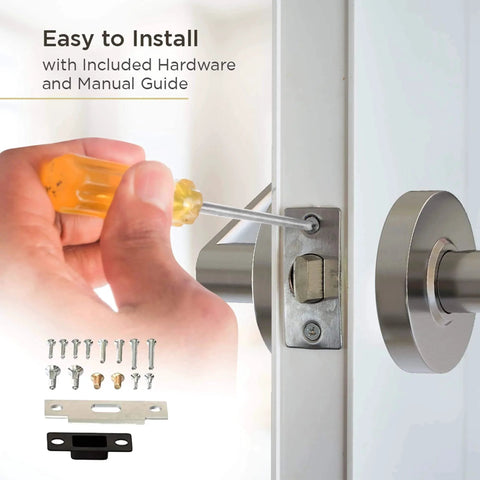 Installation of Commercial Door Handle Leverset With Brushed Chrome Finish Keyed Entry; includes screwdriver, hardware, and manual guide.