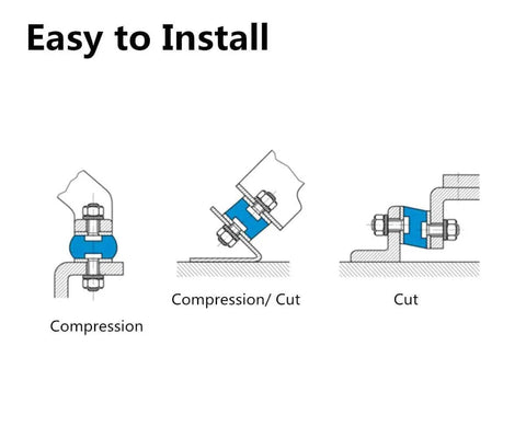 Installation diagram for Beefed Up Heavy Duty M8 Rubber Motor Mounts With Lock Nuts showing compression and cut methods.