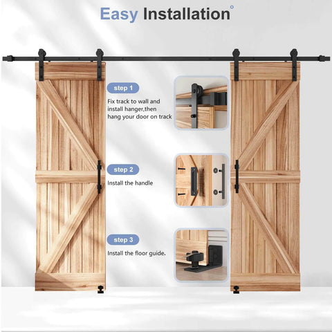 12 FT Double Sliding Barn Door Hardware Kit with straight pulley and handle, black aluminum track system, easy installation steps
