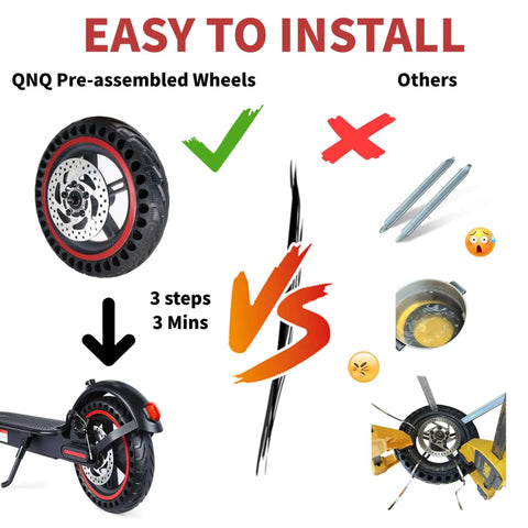 Comparison image of QNQ pre-assembled wheels vs others; highlights easy install of 8.5'' Electric Scooter Replacement Rear Wheel – Solid Tire with Wheel Hub & 110mm Brake Disc