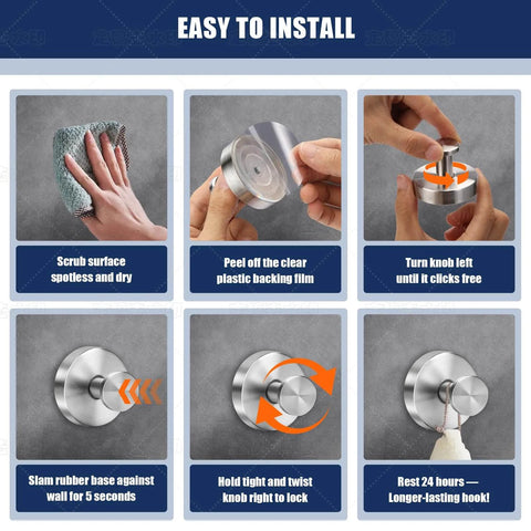 Installation steps for stainless steel hook showing cleaning, peeling film, twisting, and securing on wall for longer hold.