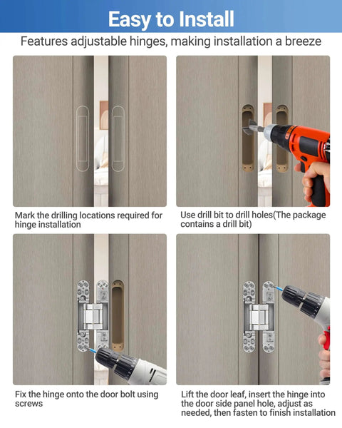 Installation steps for Invisible Door Hinges 2 Pack 6 Inch Silver Hidden Hinges For Doors With 3 Way Adjustable And 180 Degree Swing Copper Support.