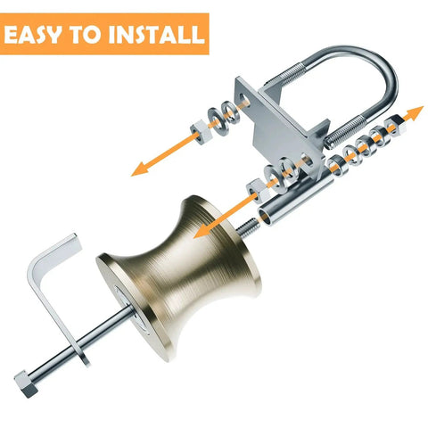 Exploded view of door knob assembly with easy installation guide showing components and tools.