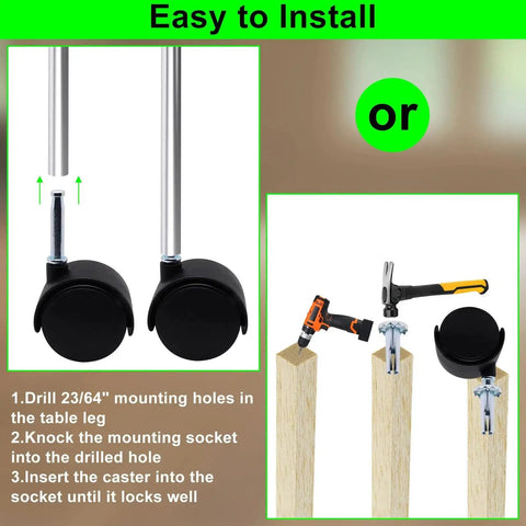 Instructions for installing 1.5 Inch Plastic Swivel Casters Set Of 4 With M8 Neck Stem 360 Degree Rotation Black Nylon Replacement Wheels