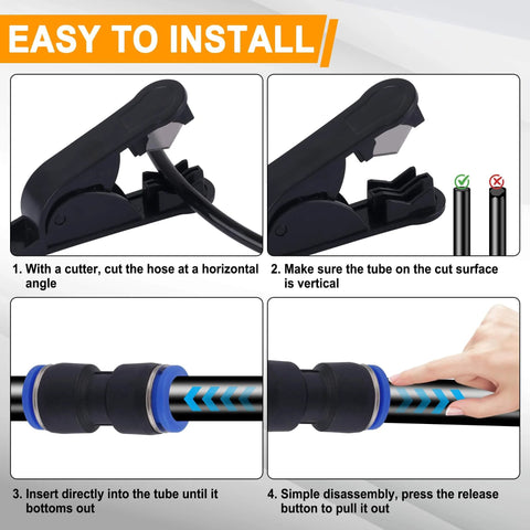 Installation guide for 200 Piece Quick Connect Air Hose Fitting Kit With Push To Connect Pneumatic Fittings showing hose cutting and fitting.