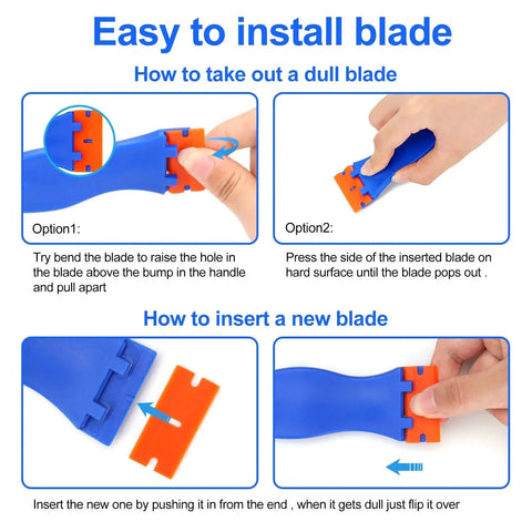 Instructional image showing how to change blades in a Plastic Razor Blade Scraper Set With 4 Scrapers And 100 Replacement Blades For Efficient Label Decal Adhesive Sticker And Paint Removal From Glass Windows Cars Walls Appliances And 3D Printer Beds Without Scratching