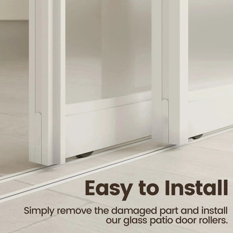 Sliding Door Rollers 1 1/4 Inch Wheel Replacement installed on a white sliding glass door track for smooth operation.