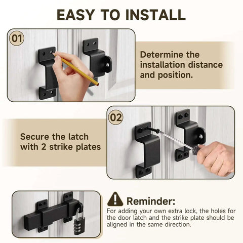 Installation of Built Tough Gate Latch With Padlock Hole, Adjustable Barn Door Lock with two strike plates shown.
