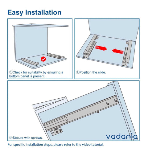 Installation guide for 14" Undermount Drawer Slide, Soft Close, Bottom Mounted & Bottom Support, illustrating step-by-step process.