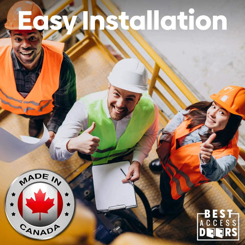 Team with hard hats discussing 10x10 Flush Steel Access Panel installation. Made in Canada badge. Focus on easy installation and teamwork.