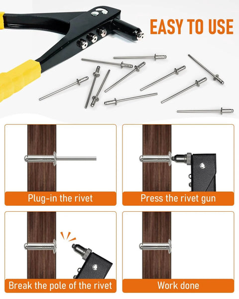 1000PCS Aluminum Pop Rivets Assortment Kit shown with rivets and instructions for use with rivet gun.