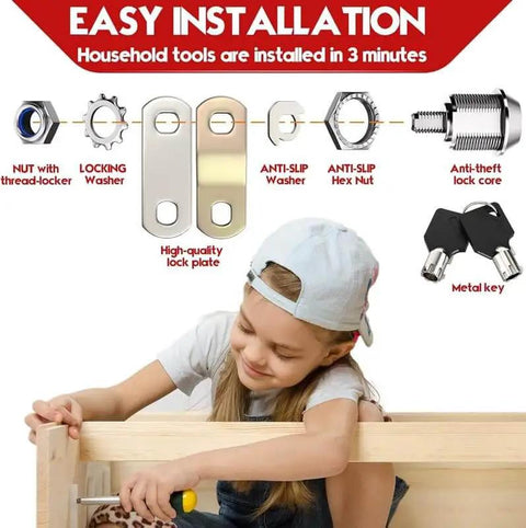 Child installing Six Pack Cam Lock Set With Keys For Toolbox Cabinet Mailbox And RV Storage Keyed Alike Durable Zinc Alloy Construction Anti Corrosion Finish