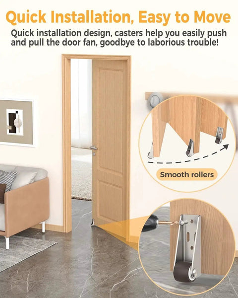 Low Profile Mini Caster Wheels Set Of 2 Silent TPE Wheels With Long Frame Rigid Fixed Castors for doors shown installed on wood door, smooth rolling