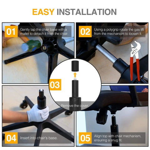 Diagram showing the installation process of Heavy Duty Gas Lift Office Chair Cylinder Replacement For Most Chairs Universal Size Fits 50mm Center Hole Class 4 Hydraulic Piston For Task And Executive Chairs HOSALI Replacement Parts.