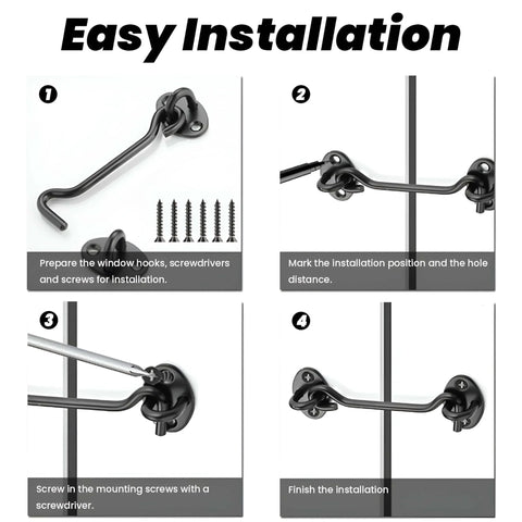 Installation steps for 2 Pack 6'' Door Latch Door Lock Hardware, showing black hook and eye gate latch with screws for barn door.