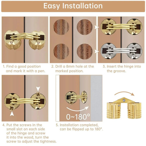 Installation guide for 8 pcs 8mm hidden brass barrel hinges, showing step-by-step mounting on small cabinets, jewelry, and gift boxes.