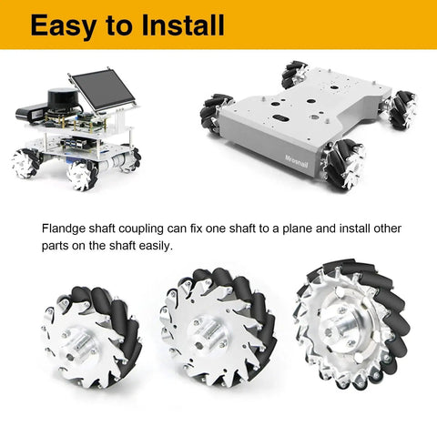 Heat-treated 8mm flange couplings for RC motors shown with robotic vehicle build, highlighting rugged, precise shaft joins.