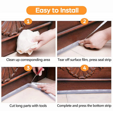 Door weather stripping seal strip, transparent silicone tape, 33.5 ft; four-step install: clean, peel, cut, press.
