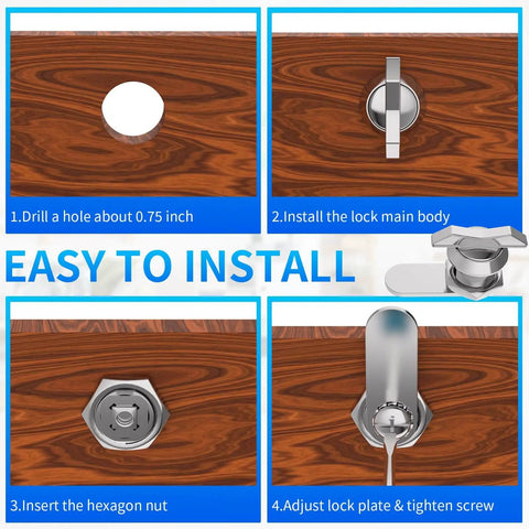 Installation steps for Five 5/8 inch thumb-operated offset cam locks for RV compartments and cabinets on wood surface