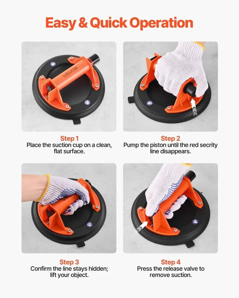 Steps to use 8-Inch Heavy-Duty Vacuum Suction Cup Lifter with ABS Handle on a flat surface