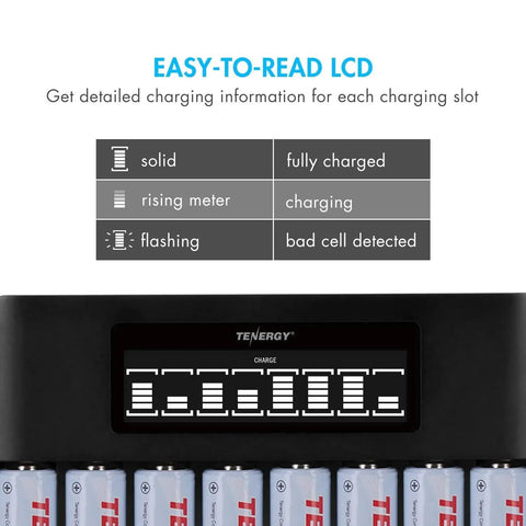 Close-up of 8 Bay LCD Fast Charger For NiMH NiCD AA And AAA Batteries With 1000mAh AAA Pack showing LCD status indicators.