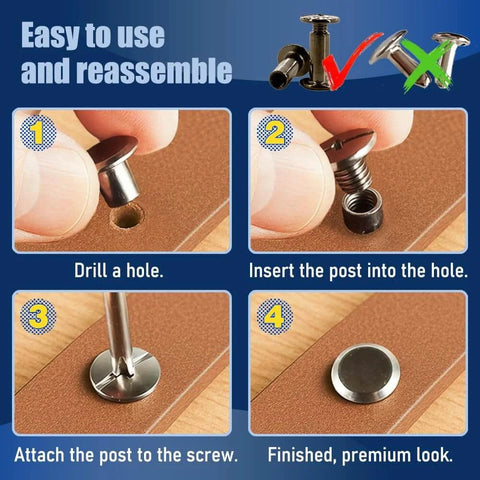 Step-by-step guide using 130 Sets Gunmetal Black Chicago Screws Leather Rivets Kit for easy assembly in leather projects.