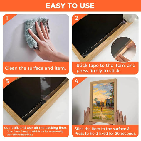 Steps showing how to use Double Sided Tape Heavy Duty Mounting Tape 1.18 Inch By 10 Feet Nano Adhesive for picture frames.