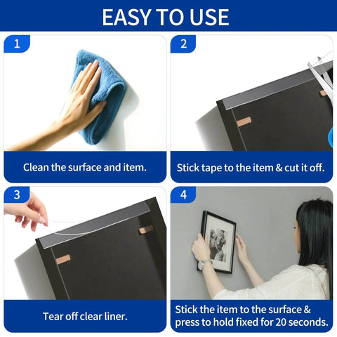 Steps to use Heavy Duty Double Sided Tape Nano Adhesive for mounting pictures without nails, showing cleaning, application, and fixing.
