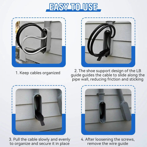Steps for using LB Wire Guide for 2 Inch Fittings, showing installation and cable management process on building exterior.