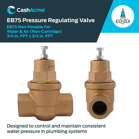 Front and side view of Performance Driven Three Quarters Inch EB75 FPT To FPT Pressure Regulator Valve With 45 PSI Setting For Tight Spaces