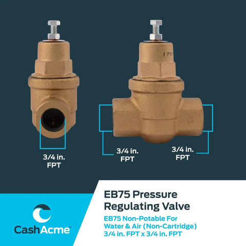 Performance Driven Three Quarters Inch EB75 FPT To FPT Pressure Regulator Valve With 45 PSI Setting For Tight Spaces, brass