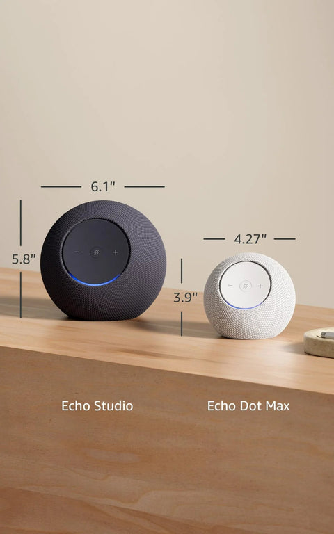 Echo Dot Max Graphite Finish With Alexa Built In For Room Filling Sound And Deeper Bass Built In Smart Home Hub on a table