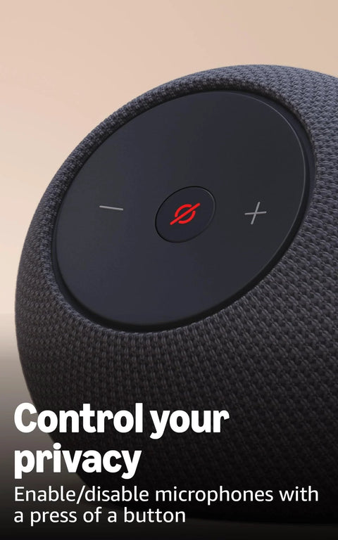 Close-up of Echo Dot Max Graphite Finish with Alexa Built In for room filling sound and deeper bass showing microphone control.