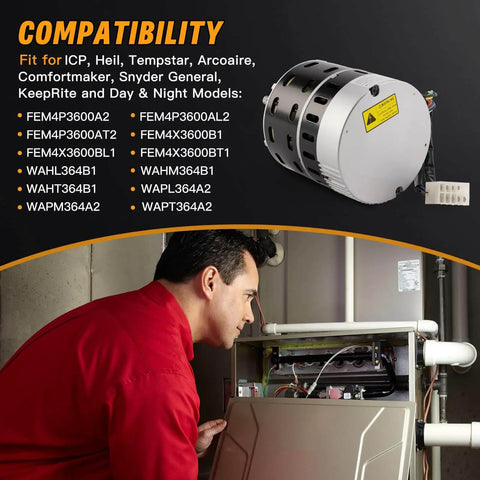 1/2 HP ECM X13 Furnace Blower Motor 6205E 208/230V 3.8A 1050RPM Replacement For American Standard, Trane, Carrier And ICP Systems shown in installed position above compatibility list with technician inspecting furnace
