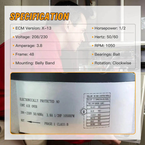 1/2 HP ECM X13 Furnace Blower Motor 6205E 208/230V 3.8A 1050RPM Replacement Product Specifications
