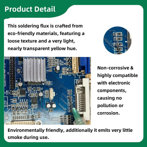 Close-up of a circuit board with No Clean Soldering Flux Paste for Electronics Rosin Flux Lead Free 10cc High Purity Rosin Formula