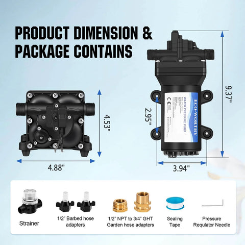 ECO-WORTHY 110V AC Fresh Transfer Diaphragm Water Pump On Demand 5.5GPM 70PSI dimensions and package contents diagram