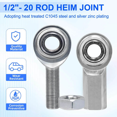 Economy adjustable heim joint rod end kit with right hand 1/2-20 thread, 1/2 inch bore, featuring steel rod ends and jam nut
