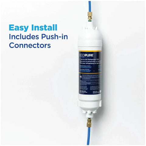 EcoPure EPINL30 Five Year In Line Refrigerator Water Filter Universal Fit For Most Fridges Ice Makers RVs And Boats Reduces Chlorine Taste And Odor Easy DIY Install With Quarter Inch Fittings on wall