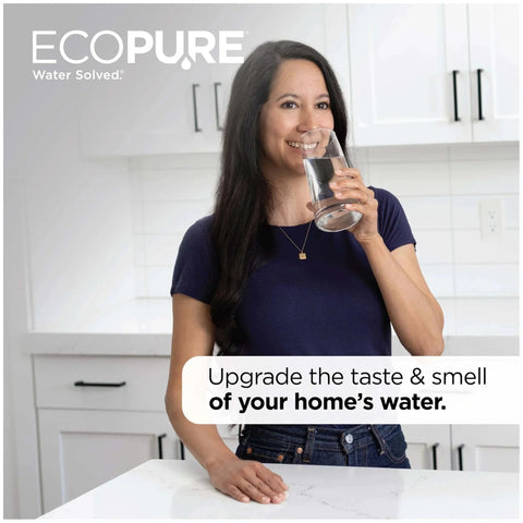 EcoPure EPINL30 Five Year In Line Refrigerator Water Filter user enjoying improved water quality in modern kitchen setting