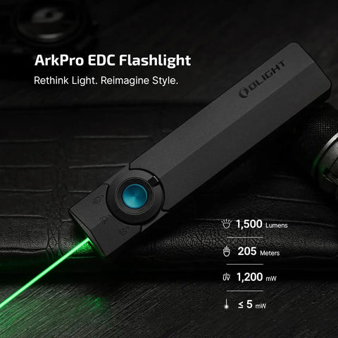 OLIGHT ArkPro EDC Flat Flashlight delivers 1500 lumen flood and 800 lumen spot for versatile outdoor lighting on dark surface